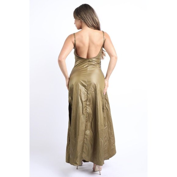 Women's Ruched Cowl Neck Backless Sleeveless Maxi Dress Olive XS-XL - Picture 7 of 12
